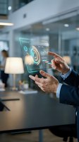 Businessman in formal suit holding transparent digital tablet with holographic interface displaying analytics data and charts in modern office environment for technology and business concepts.