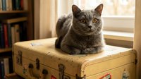 Gray tabby cat sitting on vintage yellow suitcase in cozy home interior with bookshelf and window, perfect for pet, lifestyle and home decor projects.