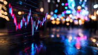 Glowing financial chart with neon candlesticks reflected on wet surface against blurred city lights background, creating dynamic market analysis atmosphere.