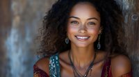 Young African American woman with natural curly hair and bright smile wearing boho style clothing and silver earrings against textured wall background.