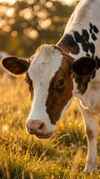 Young dairy cow calf grazing in golden sunset light with warm bokeh background. Farm animal portrait in natural pasture setting for agricultural content.