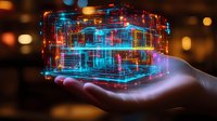 Futuristic holographic building model with neon blue and pink light grid structure held in human hand against dark bokeh background.