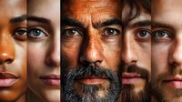 Diverse faces collage showing different ethnicities, ages and genders in vertical strips format highlighting unique facial features, skin textures and expressions.