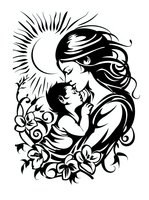 Silhouette of mother and child embracing among floral elements and crescent moon. Black and white decorative art with flowing hair and nature motifs on white background.
