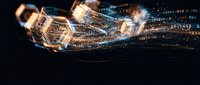 Digital transformation concept with glowing hexagonal data structures and flowing light particles on dark background for technology presentations.