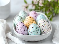 Colorful Easter eggs with speckled pattern in pastel blue, pink, and yellow placed in ceramic heart-shaped bowl. Spring holiday celebration with dotted decoration.
