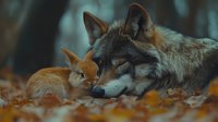 Gray wolf resting peacefully with small orange rabbit in autumn forest setting with fallen leaves creating tender wildlife moment.