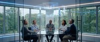 Five diverse professionals in business casual attire engaged in discussion around a table in a modern glass conference room with panoramic views of green landscape, suitable for corporate, teamwork, and business meeting concepts.