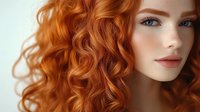 Young Caucasian woman with vibrant curly red hair and natural makeup showcasing beauty and hair care concepts for cosmetic and fashion industry.