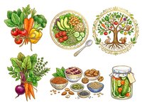 Healthy eating guide with fresh vegetables, balanced meal bowl, fruit tree, leafy greens, nuts, seeds, and preserved vegetables in jar. Nutrition education and wellness planning.