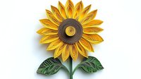 Paper quilled sunflower with bright yellow petals and dark brown center on white background, handcrafted decorative art piece with green leaves. Isolated design element.