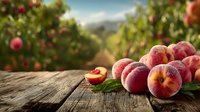 Fresh ripe peaches on rustic wooden table with orchard in background, harvest season in countryside farm.