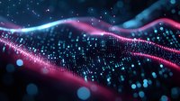 Abstract digital wave of glowing particles in pink and blue colors on dark background, representing data visualization or technology concept.