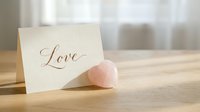 Rose quartz heart crystal beside a love greeting card on a wooden table in soft natural light, perfect for Valentine's Day and romance.