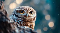 Small brown and white spotted owl with bright yellow eyes perched on tree branch against blurred bokeh background for wildlife photography projects.