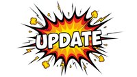 Comic book style explosion with UPDATE text in bold letters for software announcements and technology communications.