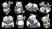 Adorable panda bears in various playful poses with bamboo branches, isolated on transparent background. Ready for t-shirt designs, stickers, clipart, sublimation, and print-on-demand products.