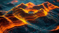 Glowing orange lava flows create abstract wave patterns against dark volcanic terrain, dramatic lighting highlights molten textures in mountainous landscape.
