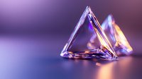 Luminous crystal triangular prisms reflecting light with purple and orange glow on smooth surface, creating ethereal geometric composition with dramatic shadows.