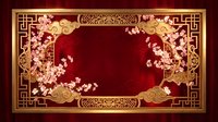Traditional Chinese ornamental frame with golden decorative elements, cherry blossoms, and clouds on deep red background for festive designs.