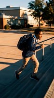 Young African American male student running with backpack on urban campus during golden hour sunset lighting for education and lifestyle concepts.