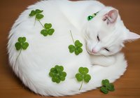 White cat with four-leaf clovers on fur, lying down on wooden surface. Lucky charm concept for St. Patrick's Day designs and festive greeting cards.