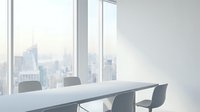 Modern minimalist conference room with white table and gray chairs overlooking city skyline through large windows for business meetings and corporate presentations.