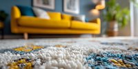 Colorful shaggy carpet with blue and yellow pattern in modern living room featuring bright yellow sofa against teal wall with decorative frames.