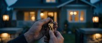 Hands holding house keys in front of blurred home with warm lights at dusk. Real estate, homeownership, property investment, moving day concept.