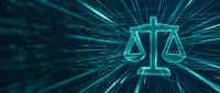 Digital justice scales with glowing cyan light rays on dark tech background for legal technology and law firm presentations.