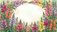 Watercolor snapdragon flowers frame with soft pastel background, colorful pink, purple, yellow and orange blooms forming an oval border with copy space.