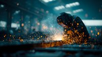 Industrial welder working with bright sparks flying in manufacturing facility. Safety equipment and metalworking in action at factory workshop.