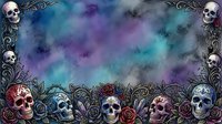 Ornate gothic frame with colorful skulls and decorative metallic borders on watercolor background. Perfect for Halloween designs, dark fantasy artwork, and alternative aesthetic projects.