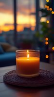 Glowing aromatic candle in glass jar on woven placemat against blurred window sunset view with bokeh lights, creating cozy evening atmosphere at home.