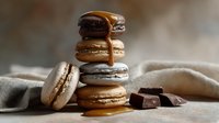 Stack of gourmet macarons with chocolate drizzle and dark chocolate pieces on linen fabric. French pastry dessert for bakery menu and culinary photography.