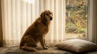 Golden retriever dog sitting on cushion by sunny window with sheer curtains in cozy home interior for pet care and domestic life concepts.