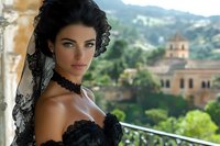 Elegant Hispanic woman in black lace dress with mantilla veil posing on Mediterranean balcony overlooking historic architecture and lush green landscape.