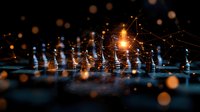 Glowing chess pieces on dark reflective surface with bokeh lights and network connections, strategic business concept for leadership and competition.