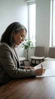 Mature businesswoman with gray hair writing documents at wooden desk in bright modern office space for professional workplace and career concepts.
