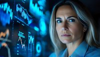 Blonde businesswoman analyzing financial data on digital screens with serious expression, blue technology interface reflecting on face.