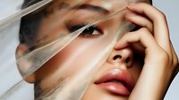 Young Asian woman with glossy lips and flawless skin behind transparent veil fabric creating dreamy, romantic beauty portrait with soft natural lighting and neutral makeup look.