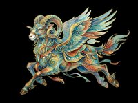 Ornate mythical creature with ram horns, wings, and flowing mane in gold, teal, and rust tones. Isolated on transparent background, ready for t-shirts, clipart, stickers, sublimation, and print-on-demand designs.