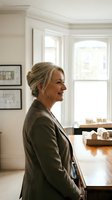 Mature woman with gray hair in professional blazer standing in bright modern home interior with white trim and natural light from windows.