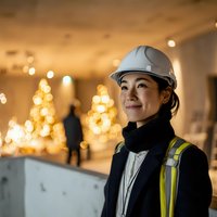 Young Asian female construction engineer wearing safety helmet and high-visibility vest smiling confidently at modern building site with warm lighting.