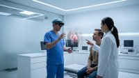 Medical team using virtual reality technology for patient consultation in modern hospital examination room with advanced digital healthcare equipment.