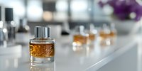 Luxury perfume bottles with amber liquid arranged on white surface, soft bokeh background creates elegant atmosphere for beauty and fragrance marketing.