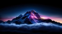 Majestic mountain peak illuminated by vibrant purple and golden light emerging through misty clouds against dark sky, creating dramatic natural landscape scenery.