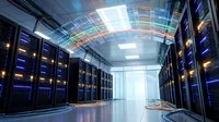 Modern data center server room with glowing network connections and digital light trails representing cloud computing and information technology infrastructure.