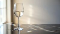 Glass of white wine on marble counter with natural sunlight streaming through window creating elegant shadows and reflections in modern kitchen interior.