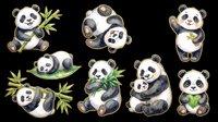 Cute panda bear clipart set with bamboo, isolated on transparent background. Great for stickers, t-shirt design, print on demand, sublimation, and nursery decor.